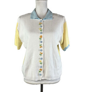 Vintage Marisa Canvas Cardigan Sweater size Large Blue Yellow Floral Embroidery